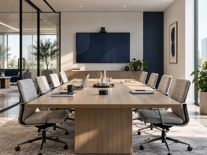 A TDGDC meeting room with a wall display, whiteboard and seating around a table.